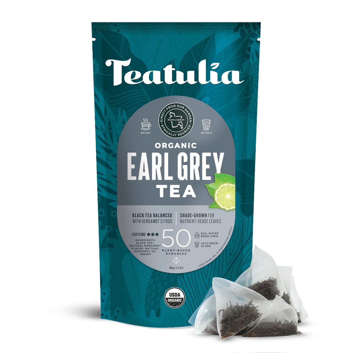 Teatulia Organic Earl Grey Tea Bags, 50 Pyramid Sachets, 100% Compostable, Whole Leaf Black Tea with Bergamot, Sustainably Grown