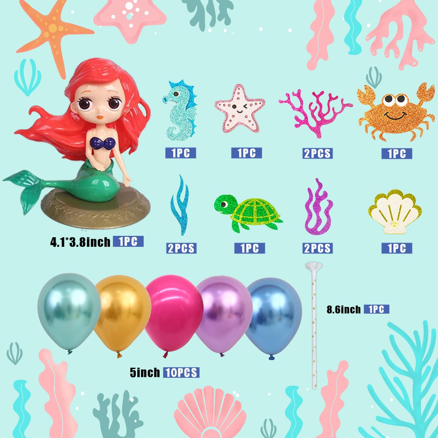 DRWATE Mermaid Cake Topper Set - 24PCS Under the Sea Decorations, Plastic, Purple Blue Balloons, Sea Animals for Parties and Showers