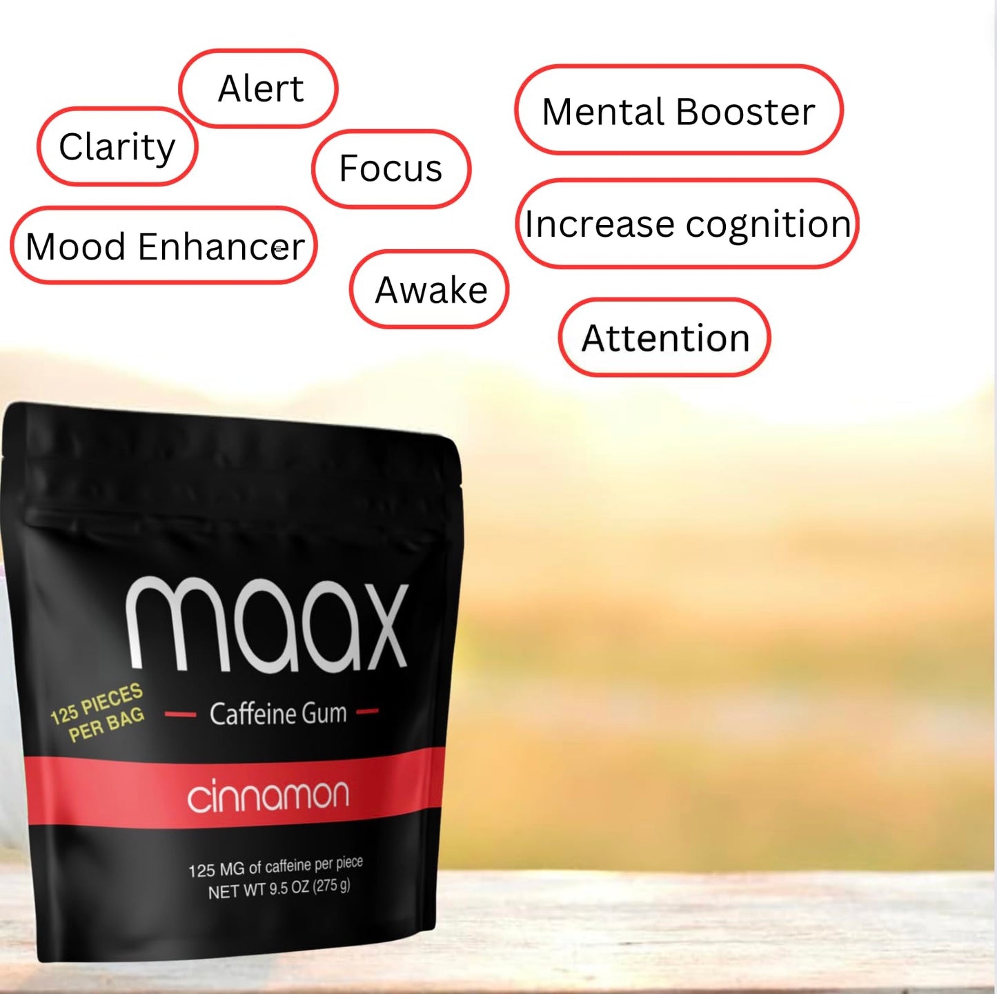 Maax Caffeine Energy Gum | Cinnamon Flavor | 125mg Caffeine per Piece | 125 Total Pieces | 25 Count (Pack of 5)