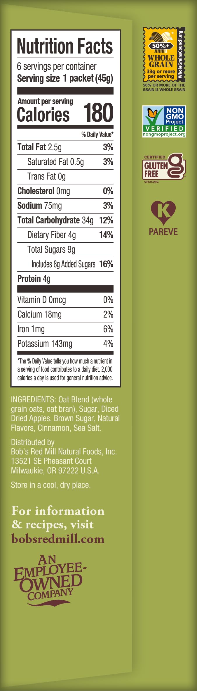 Bobs Red Mill Instant Oatmeal Packets  Apple & Cinnamon  6 Packets Total  Non-GMO  Gluten Free  Whole Grain