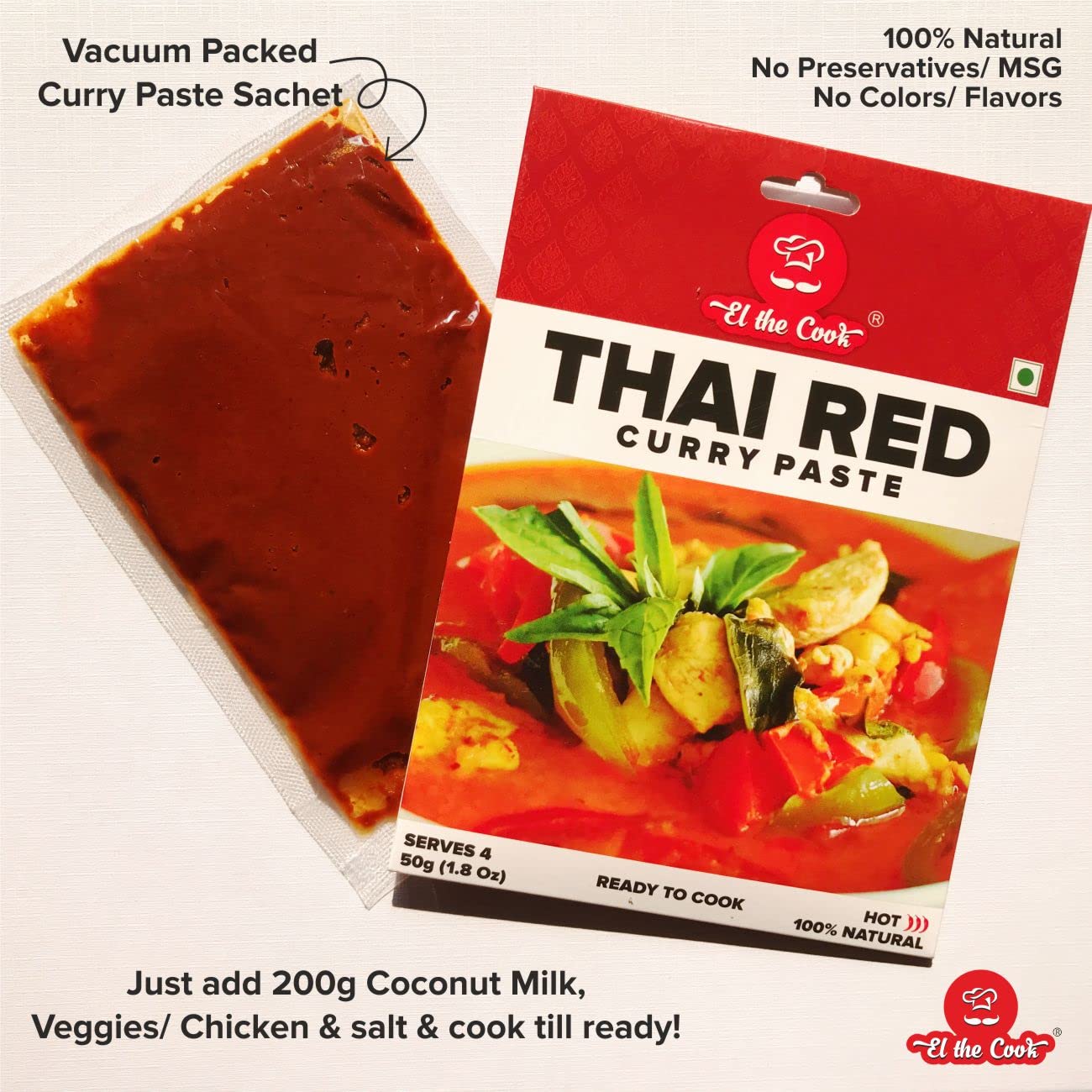 El The Cook Red Thai Curry Paste - Spicy | 100% Veg & Natural | Make Restaurant Style Chicken, Fish, Prawn, Vegetable, Tofu Thai