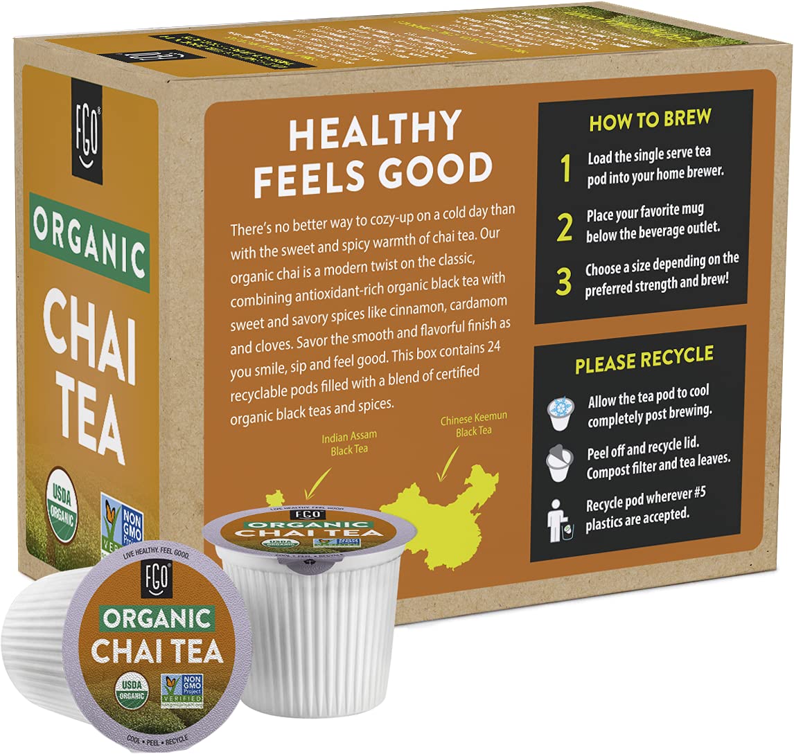 FGO Organic Chai Black Tea K-Cup Pods, 24 Count, USDA Organic, Non-GMO, Premium Black Tea with Chai Spice