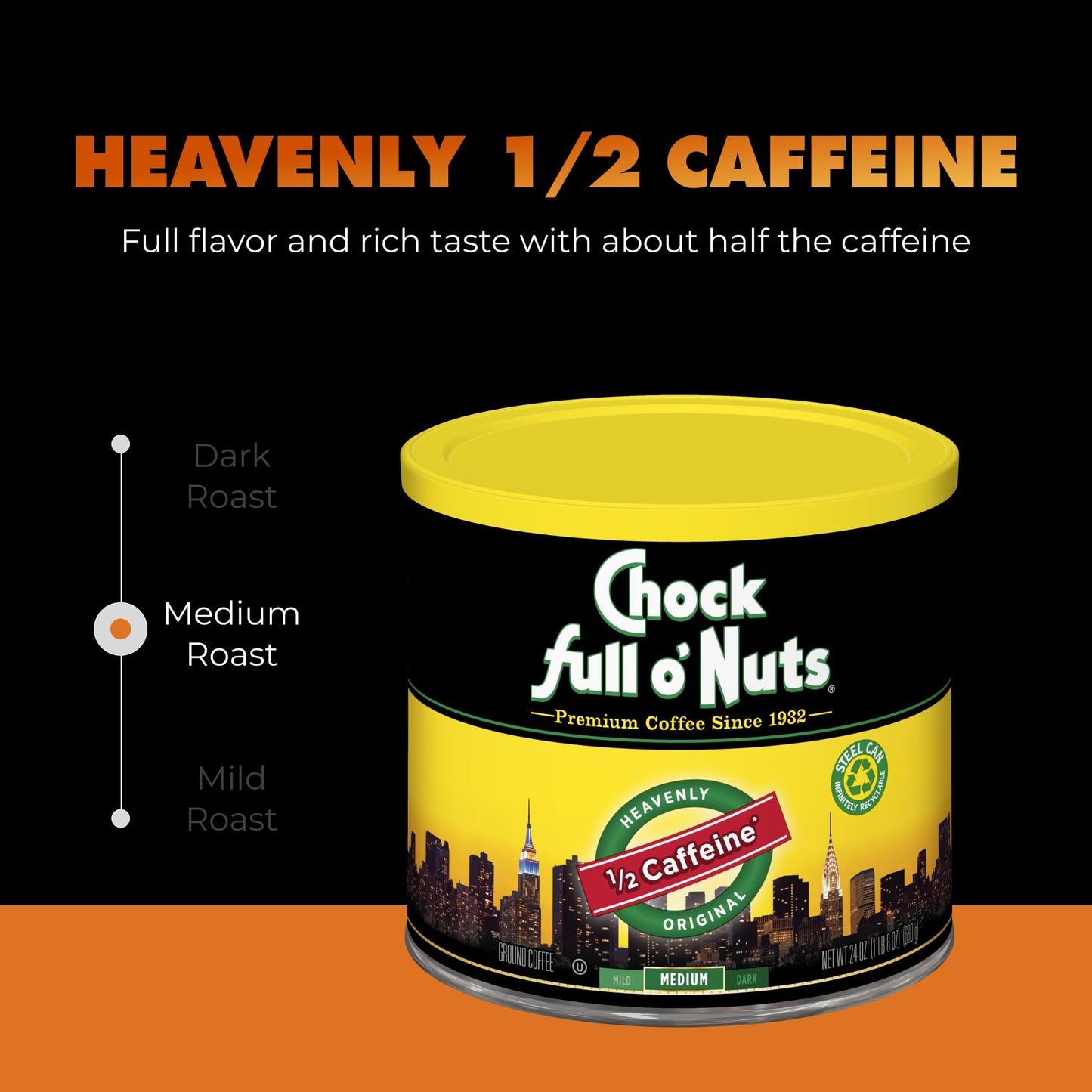 Chock Full o Nuts Half Caffeine Ground Coffee – Medium Roast, 24 Oz Can – Rich Flavor & Aroma
