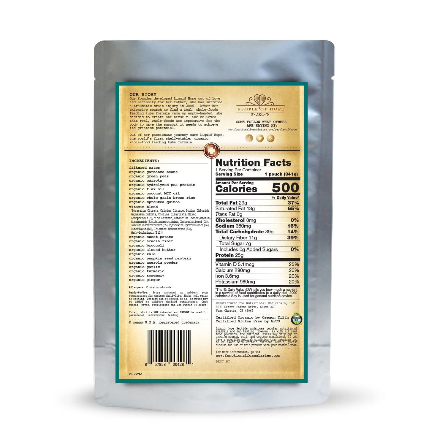 FUNCTIONAL FORMULARIES Liquid Hope Organic Peptide Tube Feed Formula  25g Protein  11g Fiber  Meal Replacement  12 Oz (24 Pack)