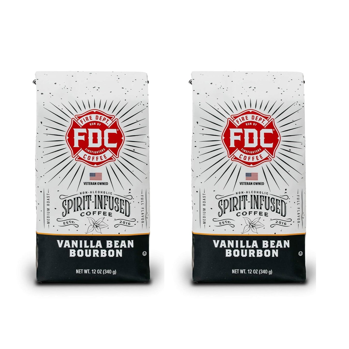 Fire Department Coffee Vanilla Bourbon Coffee Beans - Whole Bean, Non-Alcoholic, Roasted in the USA, 12 oz (Pack of 2)