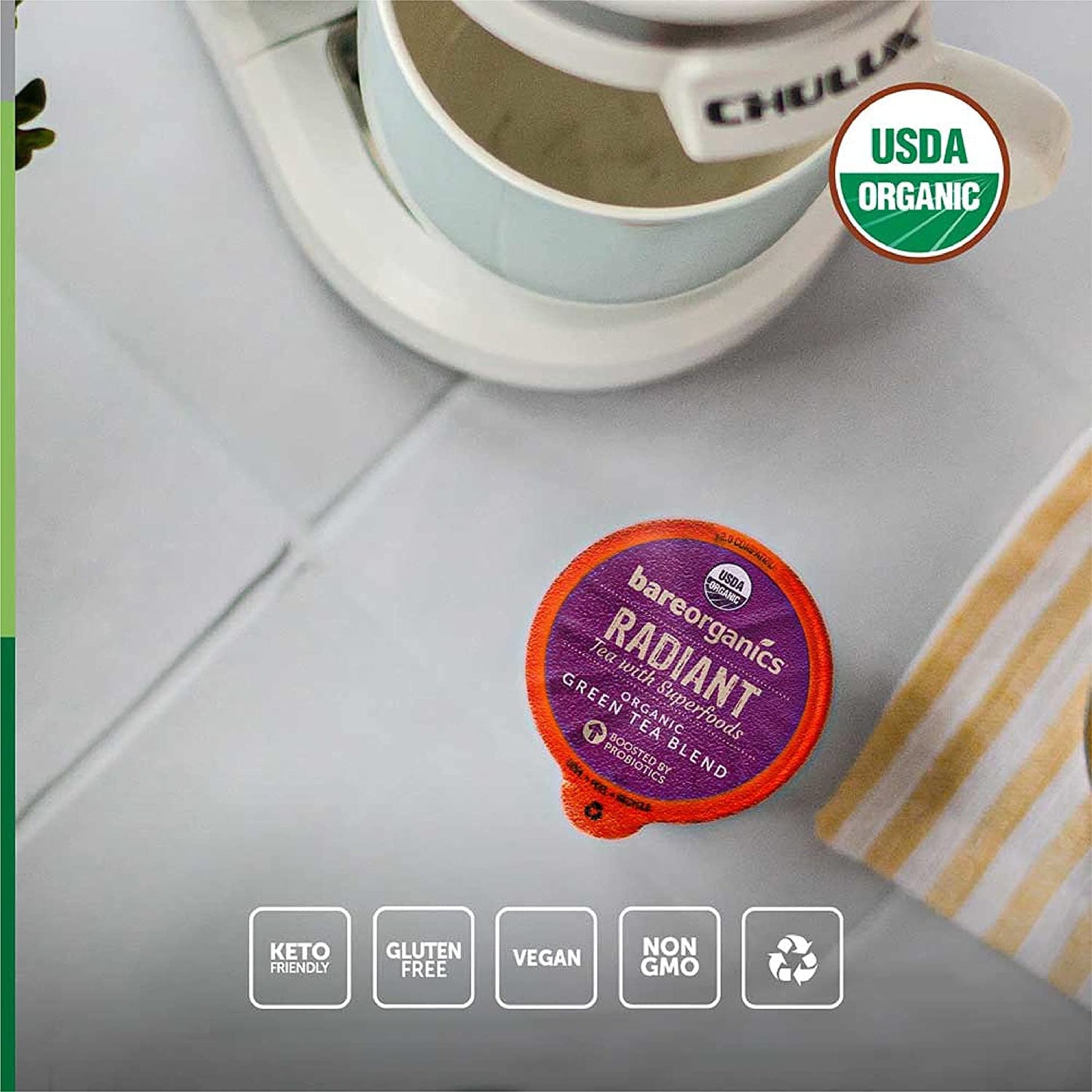 BareOrganics Radiant Tea Withuperfoods & Probiotics | Compatible Tea Pods | USDA Certified Organic  Vegan  Non-GMO & Recyclable 60ct