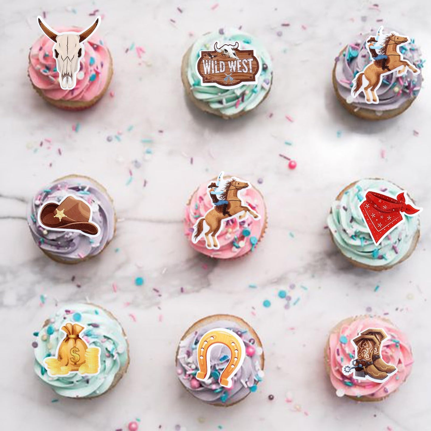 40 Pack Edible Cowboy Cupcake Toppers Wafar Glutinous Rice Paper Holy Cow I'M One Horseshoe Cowboy Hats Western Theme Happy Birt