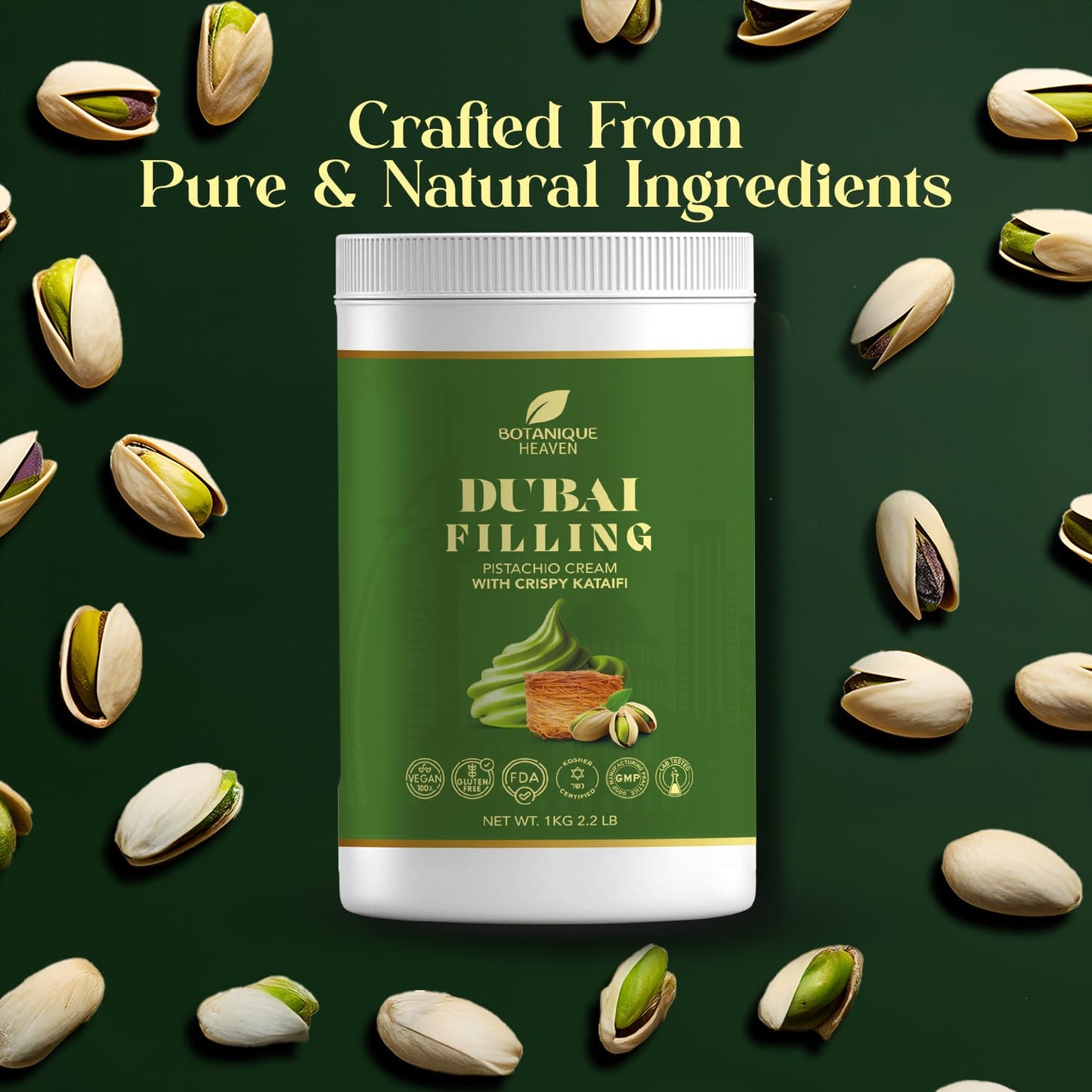 Botanique Heaven Pistachio Cream with Crispy Kataifi   2.2 lb (1 kg) Bulk Tub - enhanced Dubai Chocolate Bar Filling & Knafeh Spread | Sweet Pistachio Dessert Cream Vegan  Halal  Kosher | GMP & FDA Facility