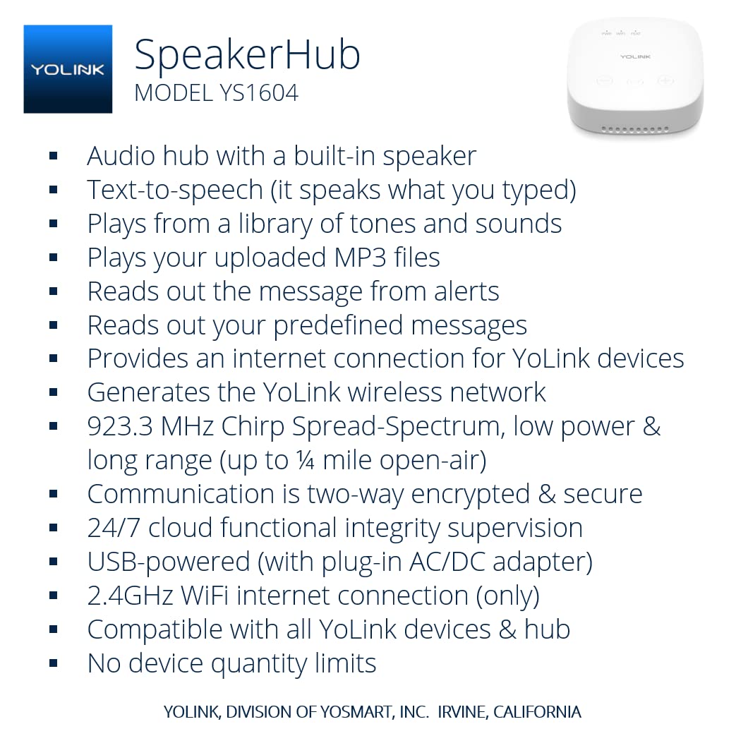 Yolink Speakerhub & Three Water Leak Sensors Starter Kit - Plays Tones/Sounds, Spoken Messages, Lora-Powered  Mile Range, App Al