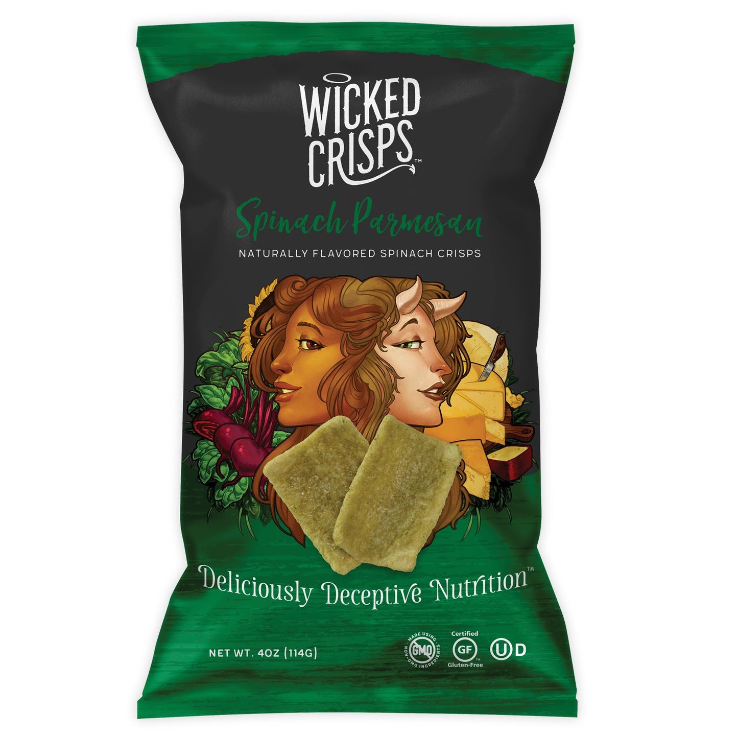 Wicked Crisps Baked Veggie Chips, Spinach & Parmesan, Gluten-Free, Low-Fat, 4oz Bag (Pack of 4)