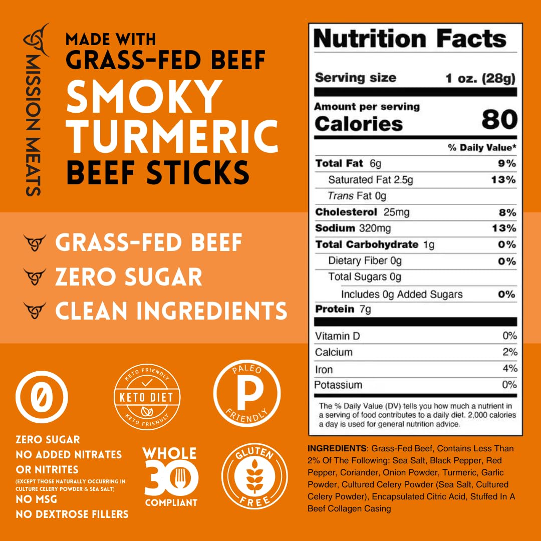 Mission Meats Beef Sticks - 100% Grass Fed & Pasture Raised, Zero Sugar, Gluten Free, Meat Sticks Individually Wrapped, Healthy