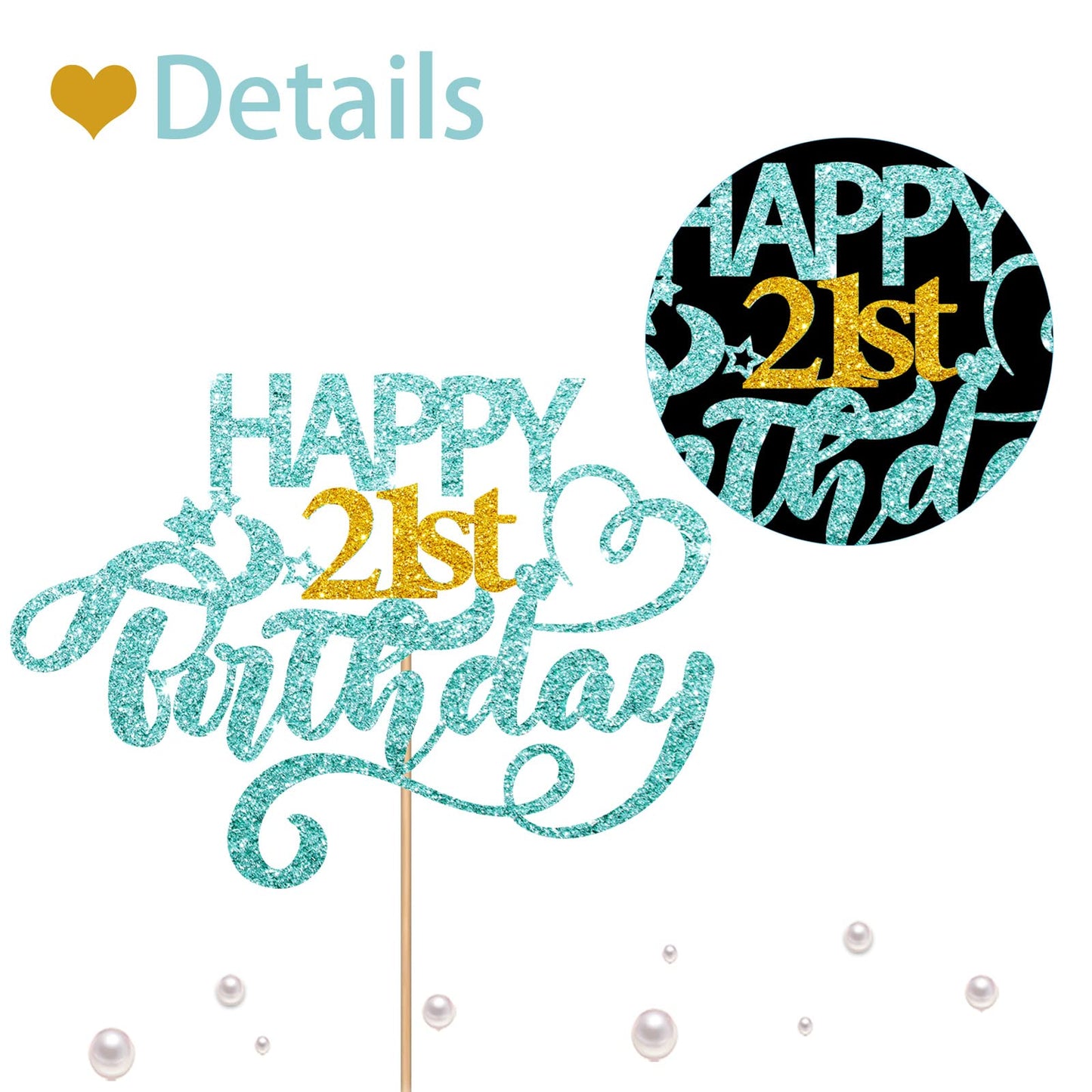 Sky Blue Glitter Happy 21St Birthday Cake Topper, Twenty One Years Old Birthday Party Cake Decor, Gold Number 21 Birthday Party