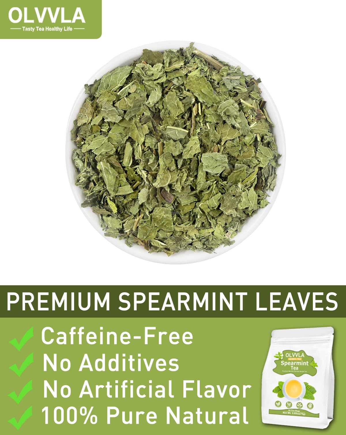 Olvvla Spearmint Tea Bags - 100% Pure Natural - Caffeine-free Herbal Tea - 50 Count