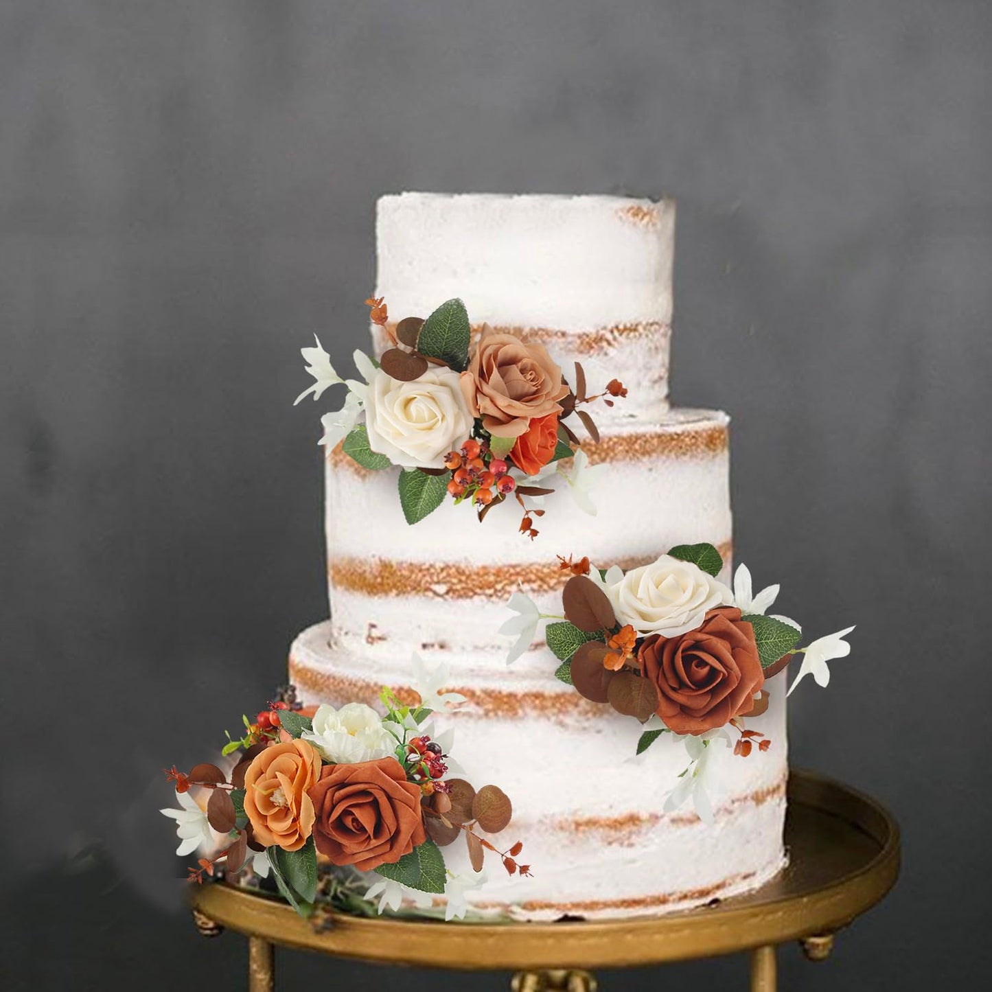 Rinlong 3Pcs Cake Topper Set Artificial Flowers For Cake Decor Burnt Orange Fall Wedding Cake Decorating Flowers For Baby Shower
