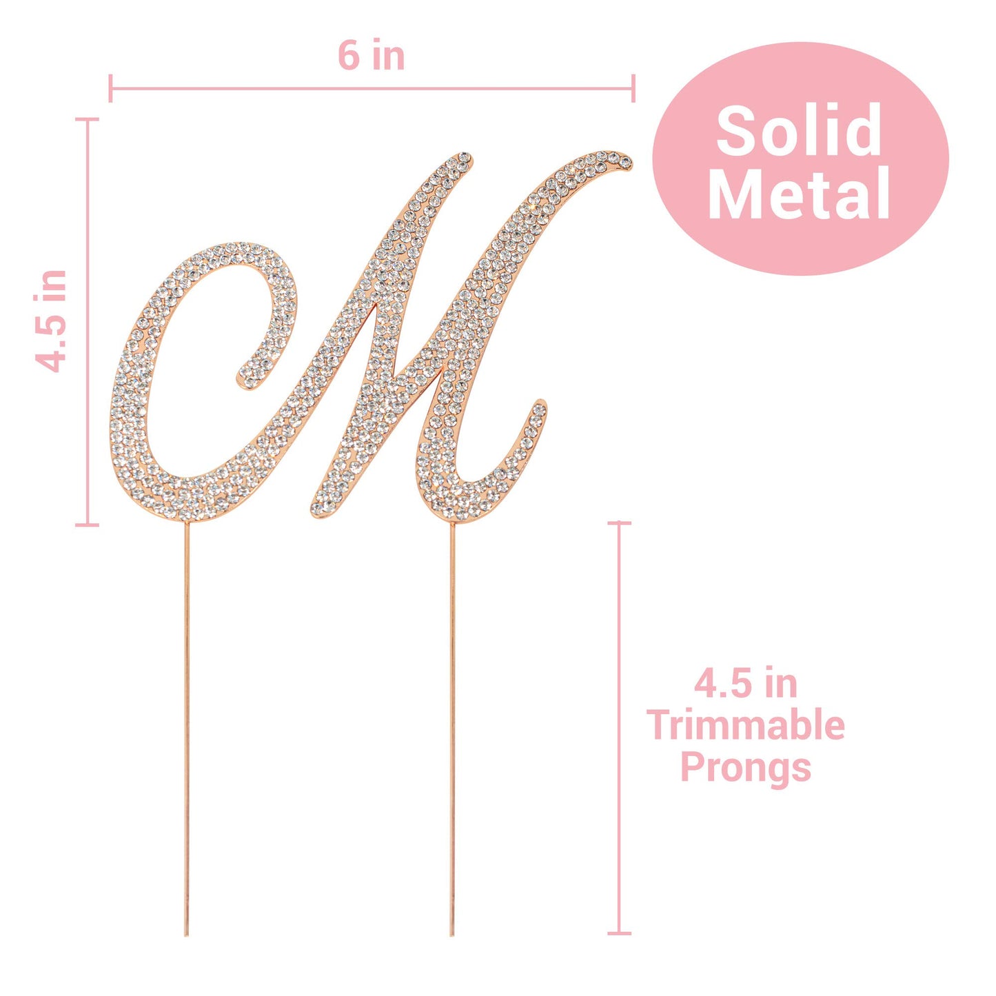 Crystal Creations Rose Gold Metal Letter M Cake Topper with Rhinestones - 1 Count