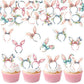 30PCS Edible Easter Bunny Ear Cupcake Toppers Edible Rabbit Ears Bowknot Cupcake Picks Wafer Paper Bunny Ear Cake Toppers for Ha