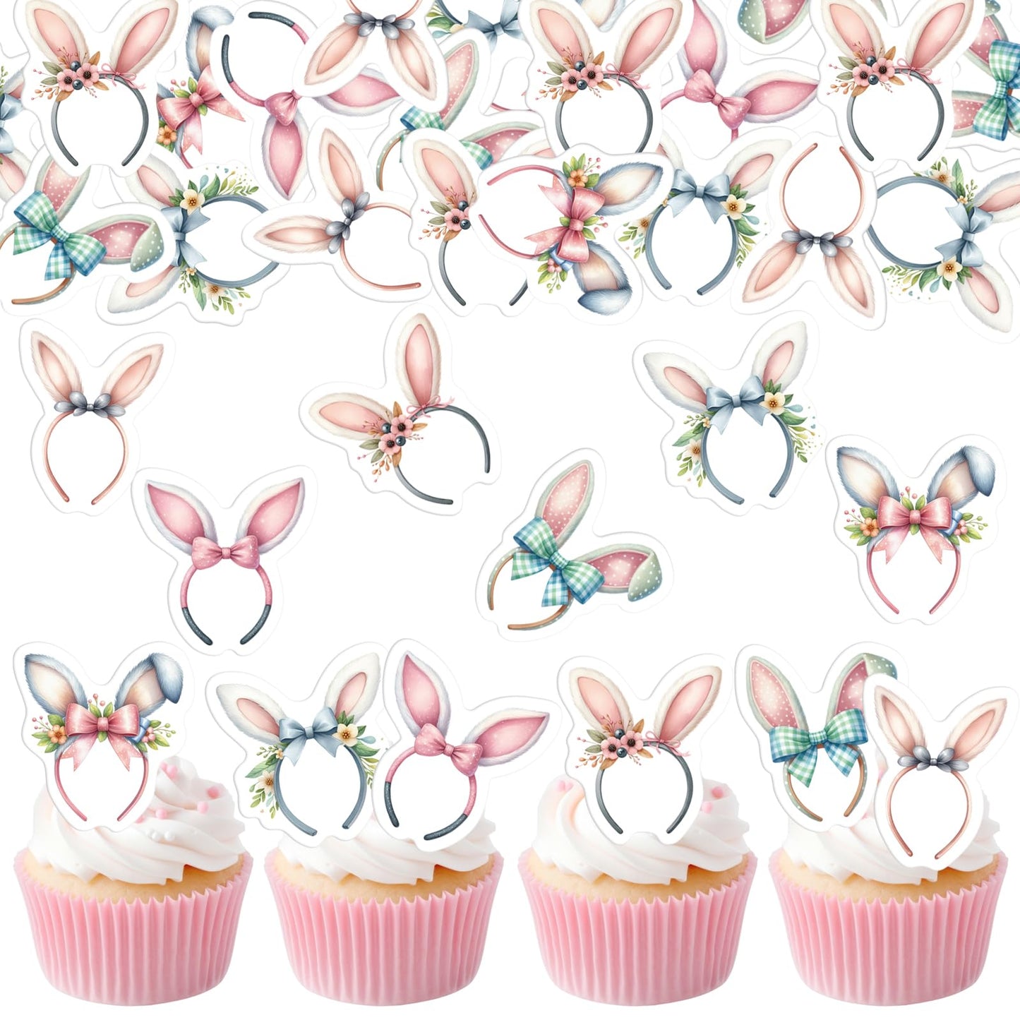 30PCS Edible Easter Bunny Ear Cupcake Toppers Edible Rabbit Ears Bowknot Cupcake Picks Wafer Paper Bunny Ear Cake Toppers for Ha