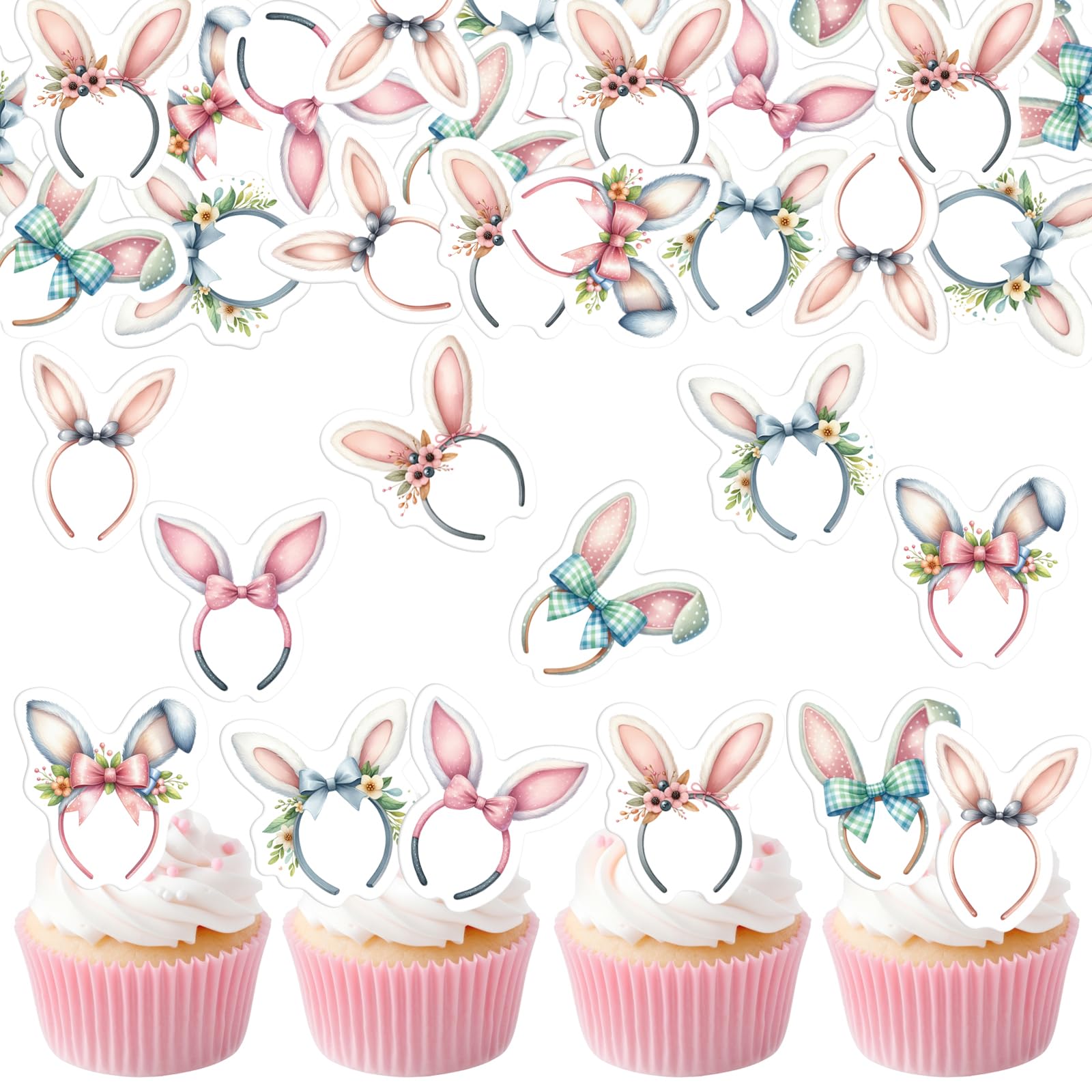 30PCS Edible Easter Bunny Ear Cupcake Toppers Edible Rabbit Ears Bowknot Cupcake Picks Wafer Paper Bunny Ear Cake Toppers for Ha