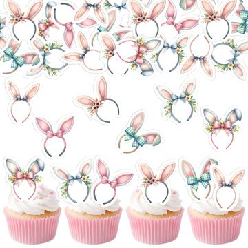 30PCS Edible Easter Bunny Ear Cupcake Toppers Edible Rabbit Ears Bowknot Cupcake Picks Wafer Paper Bunny Ear Cake Toppers for Ha