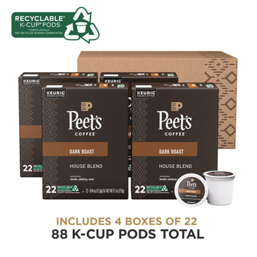 Peets Coffee Dark Roast K-Cup Pods, House Blend, 88 Count (4 Boxes of 22 Pods)