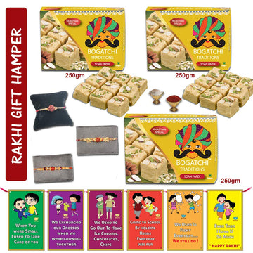 BOGATCHI Rakhi Combo with Sweets, 3 Traditional Soan Papdi 250g + 3 Rakhi + Roli Chawal + Free Rakhi Greeting Card