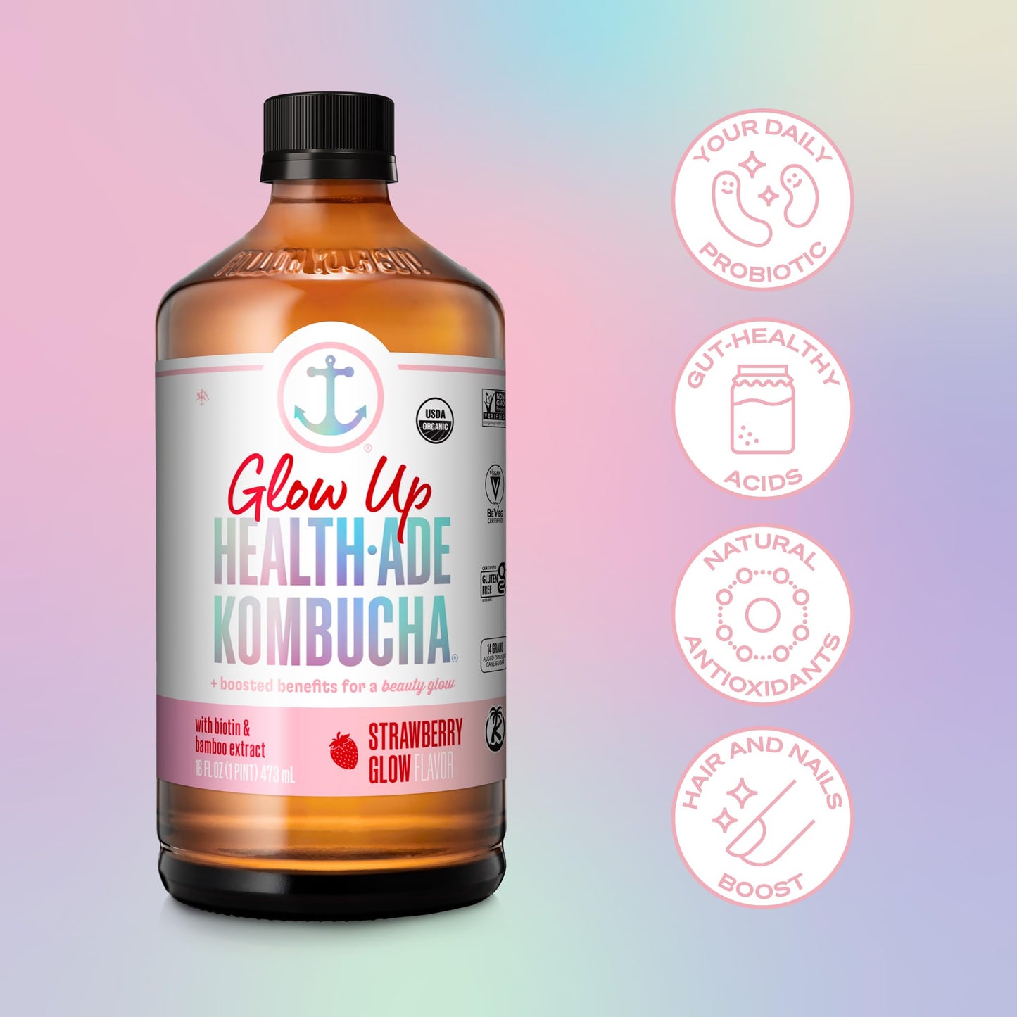 Health-Ade Kombucha Tea Organic Drink, 16 Fl Oz Bottles, Vegan, Gluten Free, 12 Pack, Strawberry Glow