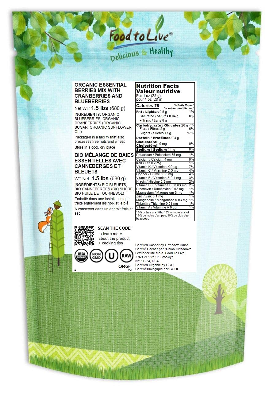 Food to Live Organic Essential Berries Mix, 1.5 Pounds, Non-GMO Dried Blueberries and Cranberries. Unsulfured, Kosher. Gently In