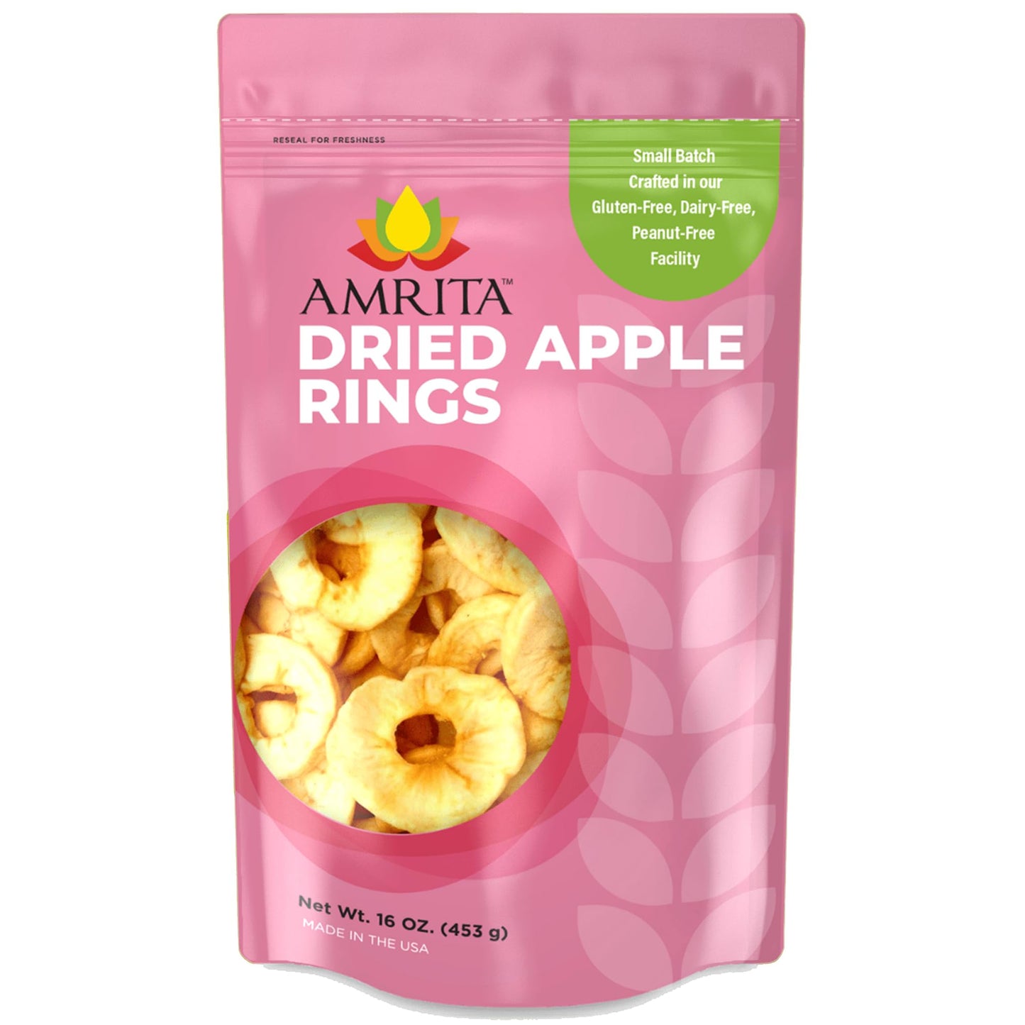 Amrita Dried Apple Rings, No Sugar Added, Vegan, Gluten-Free, 16 oz Resealable Bag