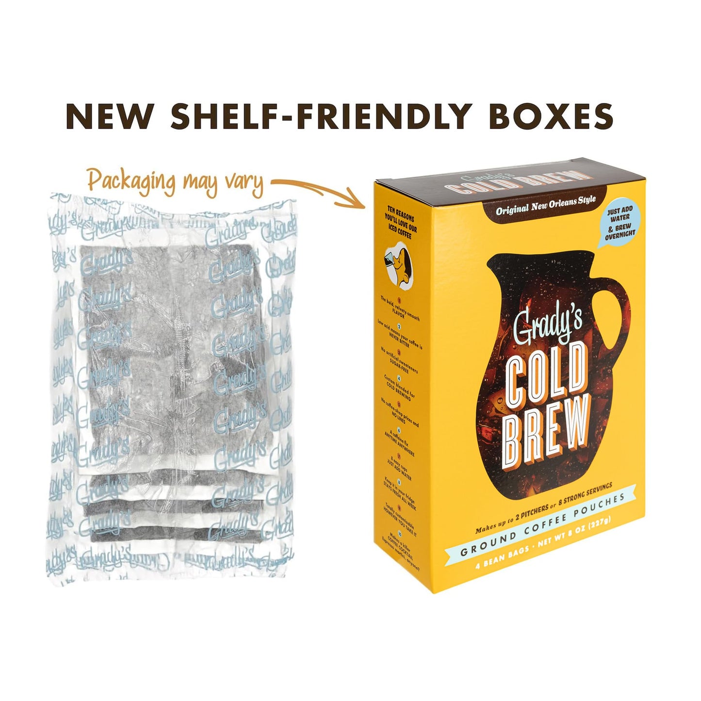 GRADYS COLD BREW, New Orleans Style, 100% Arabica Ground Coffee & Chicory Pouches, TWO Boxes of Four Easy-to-Brew Bean Bags, Mak