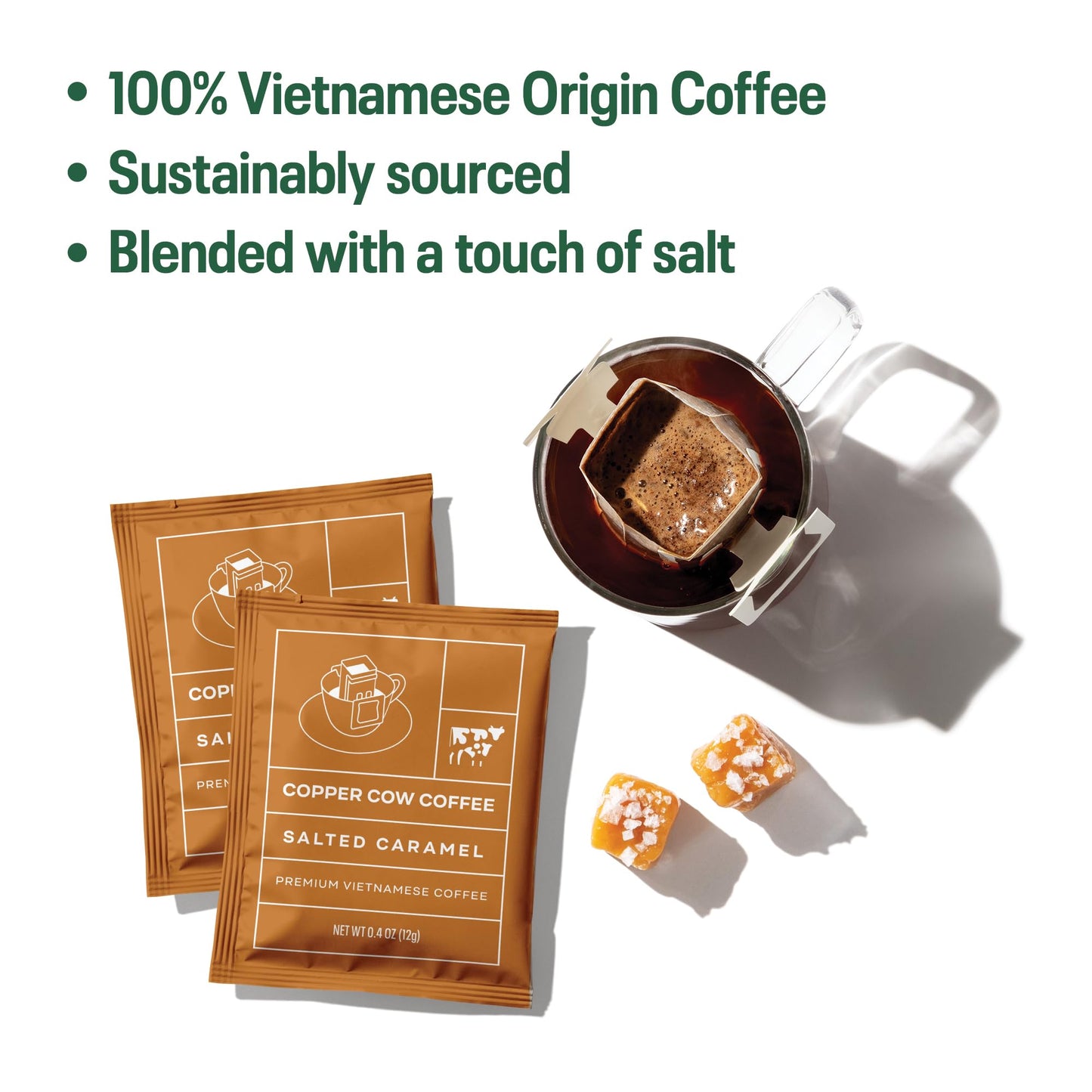 Copper Cow Coffee Premium Vietnamese Coffee: Single-Serve Salted Caramel Coffees (Includes: 16 Salted Caramel Coffees)