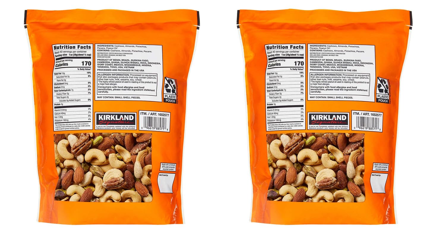 Kirkland Signature Extra Fancy Unsalted Mixed Nuts, 2 Jars (2.5 Lb)