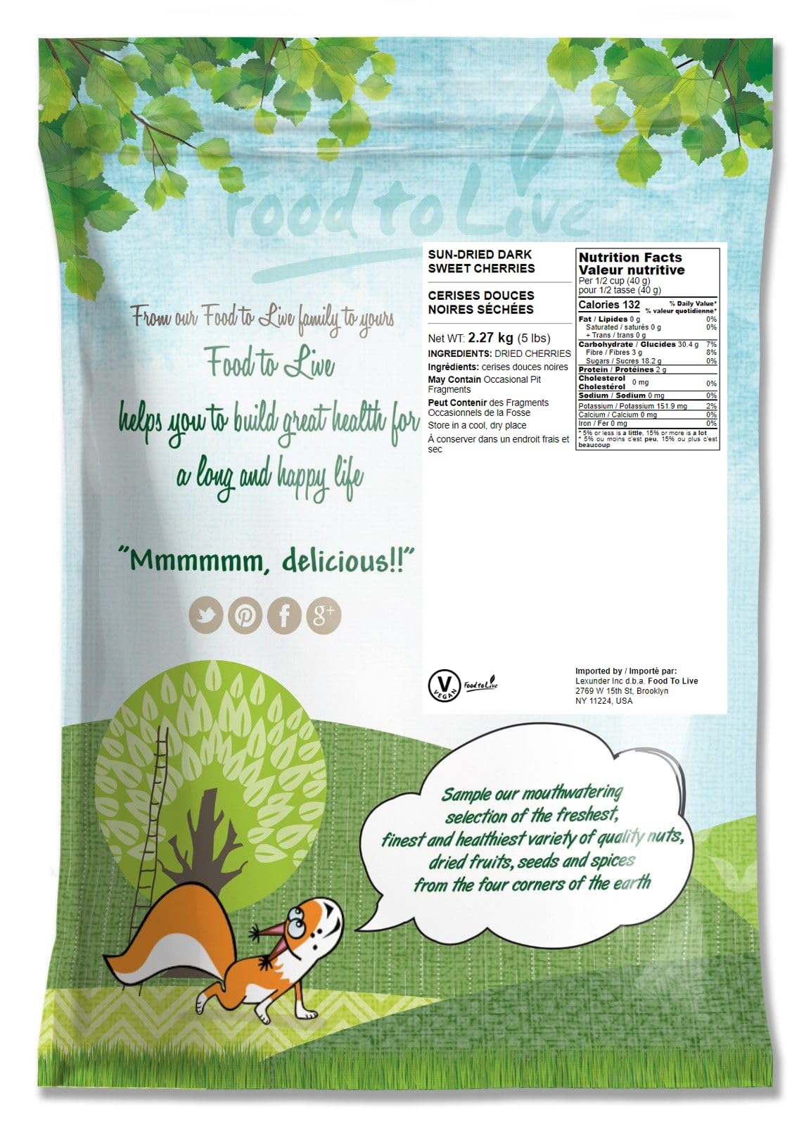 Food to Live Sun-Dried Dark Sweet Cherries, Unsweetened, Raw, 5 Pounds
