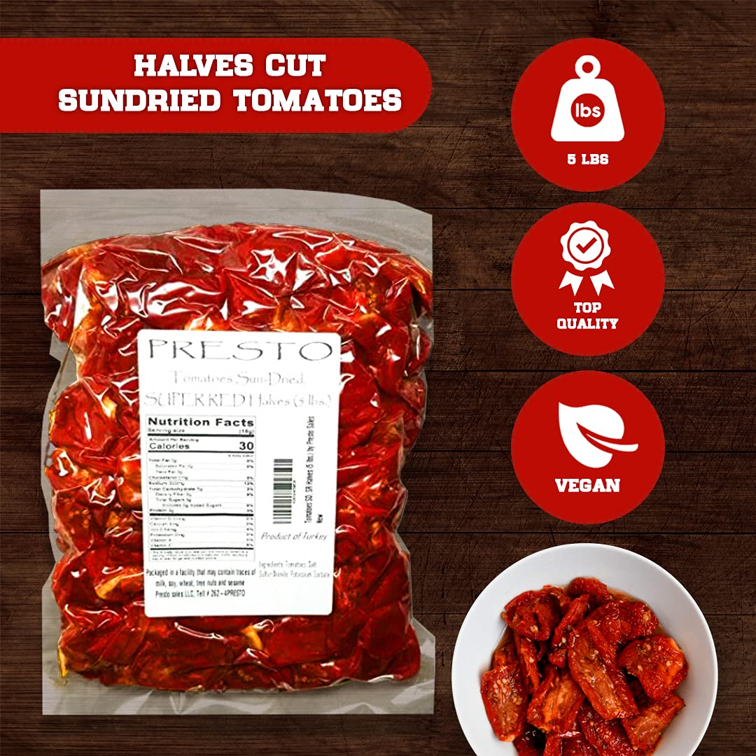 Presto Sales Sun-Dried Tomatoes Halves, Vegan, 5 lbs (80 oz), Ready to Eat
