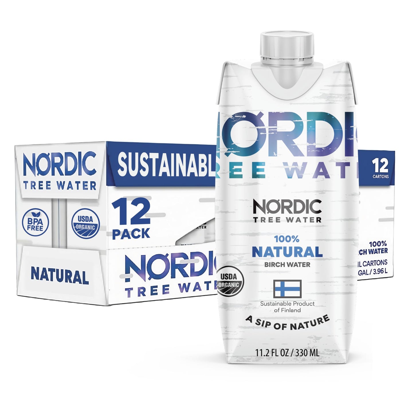 Nordic Tree Water Birch Tree Sap - Electrolytes, Minerals, Prebiotics, Vitamins, Pack of 12, BPA-Free Tetra Pak