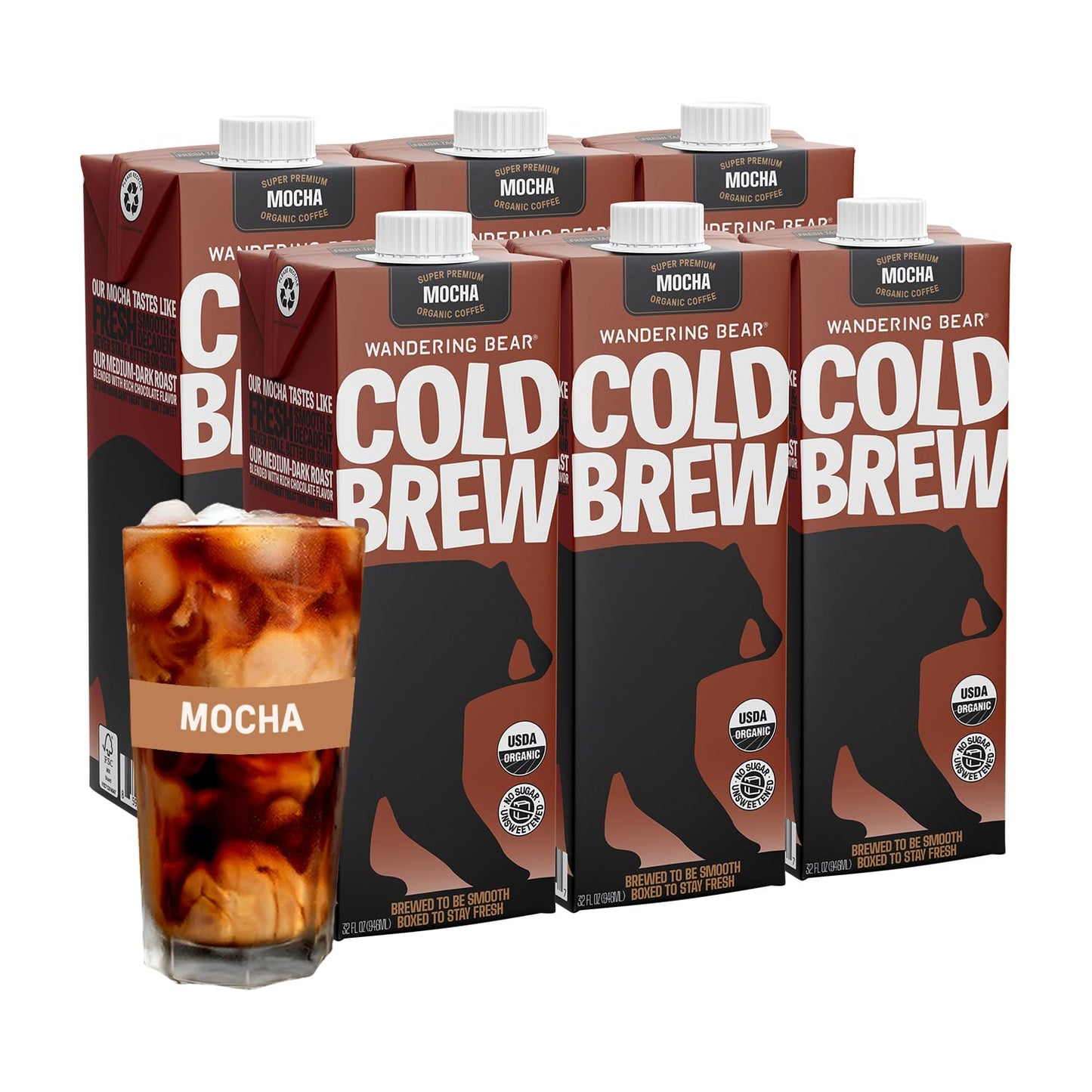 Wandering Bear Organic Mocha Cold Brew Coffee, 32 Fl Oz, 6 Pack - Extra Strong, Smooth, Organic, Unsweetened, Shelf-Stable, And