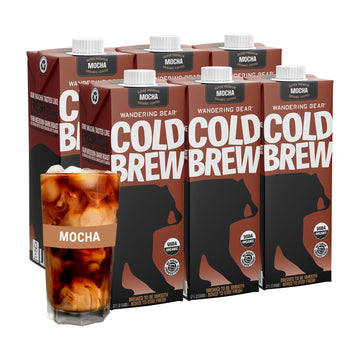 Wandering Bear Organic Mocha Cold Brew Coffee  32 fl oz  6 pack - Extra Strong  Bold  Smooth  Unsweetened  Shelf-Stable  Ready to Drink  Gluten Free  & Vegan  Iced Cold Brewed Coffee Drinks