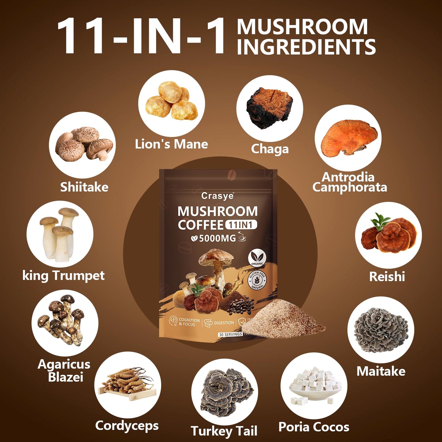 Organic Low Caffeine Mushroom Coffee 11 Superfood Instant Mushrooms Coffee with Ashwagandha  Shilajit  Lions Mane  Reishi  Chaga & Collagen Arabica Coffe Powder Ground for Focus  Energy  Digestion and Immunity 30 Servings Cafe De Hongos