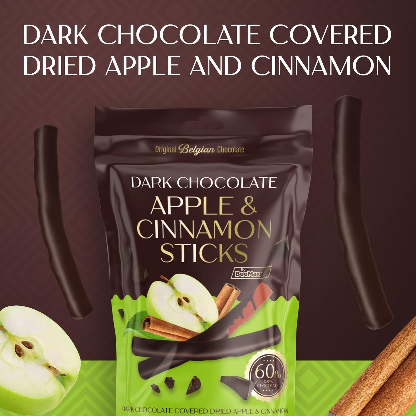 Belgian Chocolate Covered Fruit Sticks - Gourmet Covered Dried Fruit, 3.5 Oz Resealable Pouch, Non-Gmo, Perfect Treat For Chocolate Lovers (Dark Chocolate, Apple)