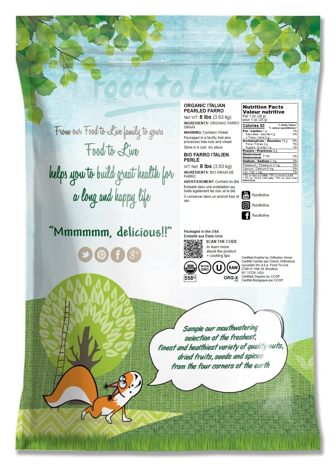 Food To Live Organic Italian Pearled Farro, 8 Pounds - Non-Gmo, Kosher, Vegan, Whole Farro Grain In Bulk. Good Source Of Fiber A