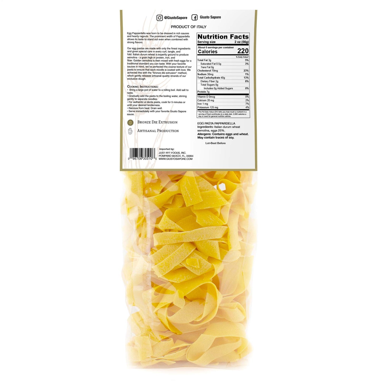 Giusto Sapore Classic Pappardelle All'Uovo Italian Egg Pasta Nest - 340G - Premium Bronze Drawn Durum Wheat Semolina Gourmet Pasta Noodles - Imported From Italy And Family Owned (Pappardella, 1 Pack)
