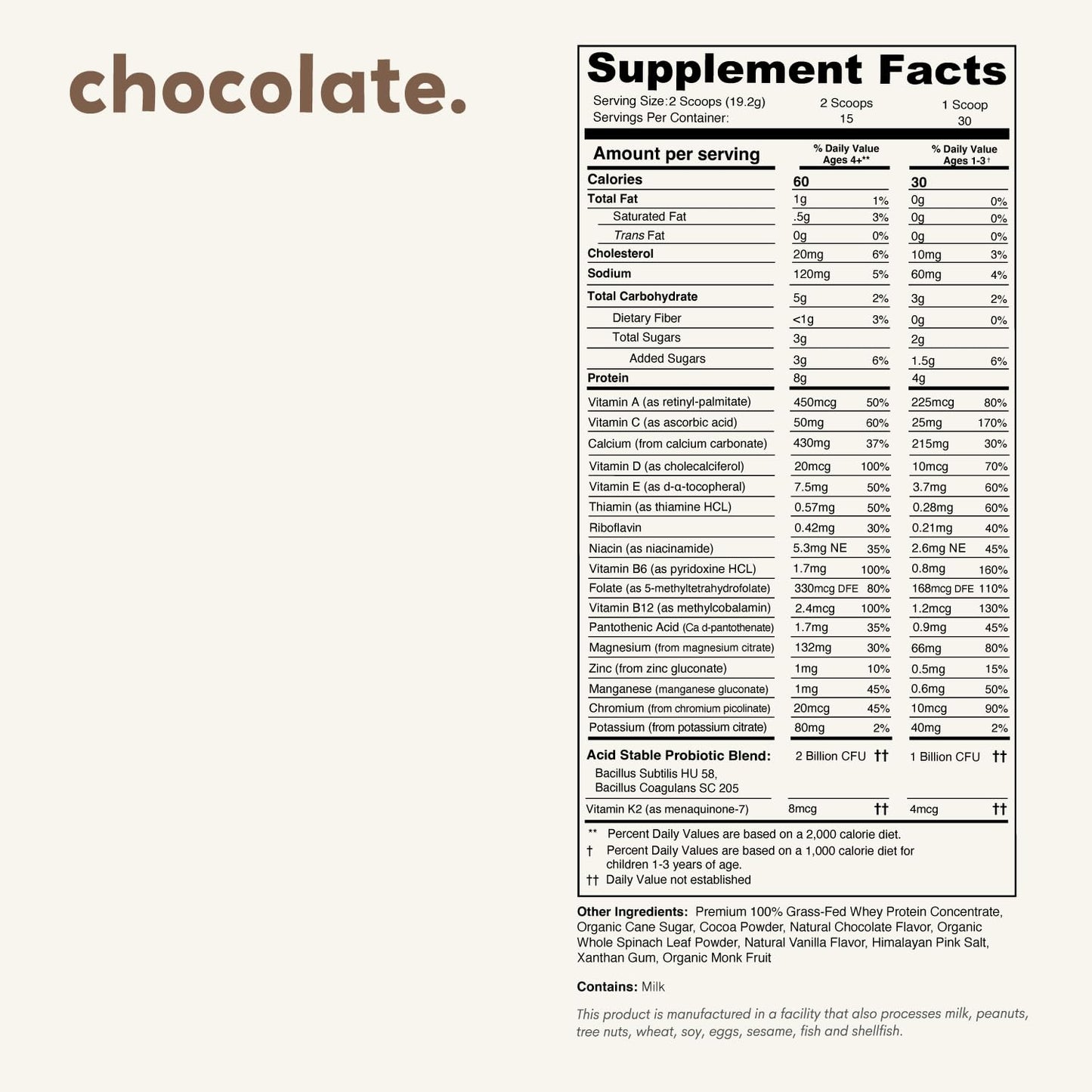 Nurished Mighty Chocolate Milk - Kids Daily Protein Powder Boosted with 2 Billion Probiotics and Organic Spinach Leaves - Natura