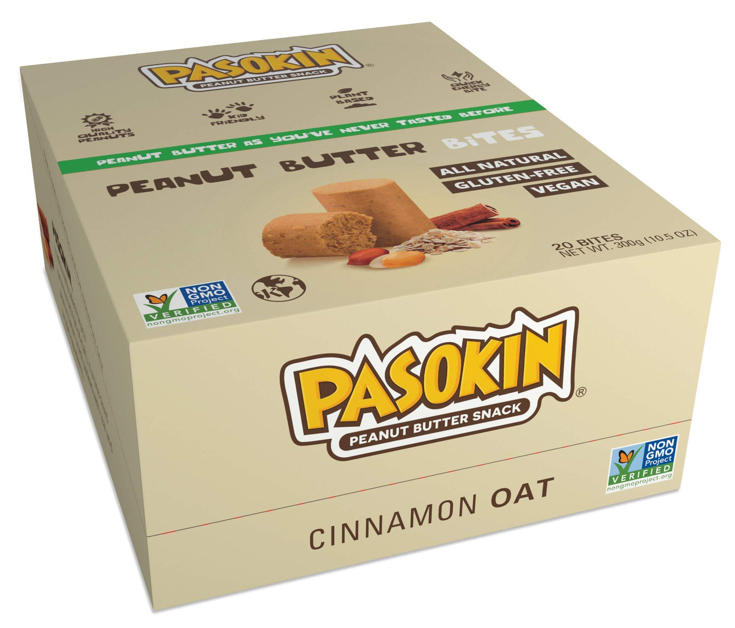 Pasokin | Cinnamon Oat Peanut Butter Snack, All Natural Pb Bites | Kosher, Gluten Free, Vegan Protein | Pacoca Made In Usa, 0.5Oz Bites [20 Count]
