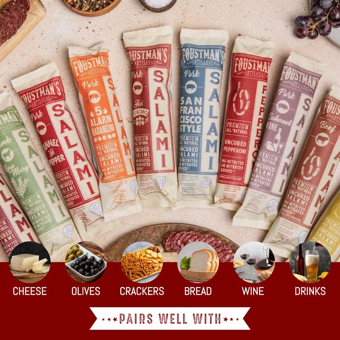 Foustman'S Salami Rosemary Lamb Artisanal, Nitrate-Free, Naturally Cured, Gluten-Free, Dairy-Free, No Pork, Pack Of 6, 8 Oz Each