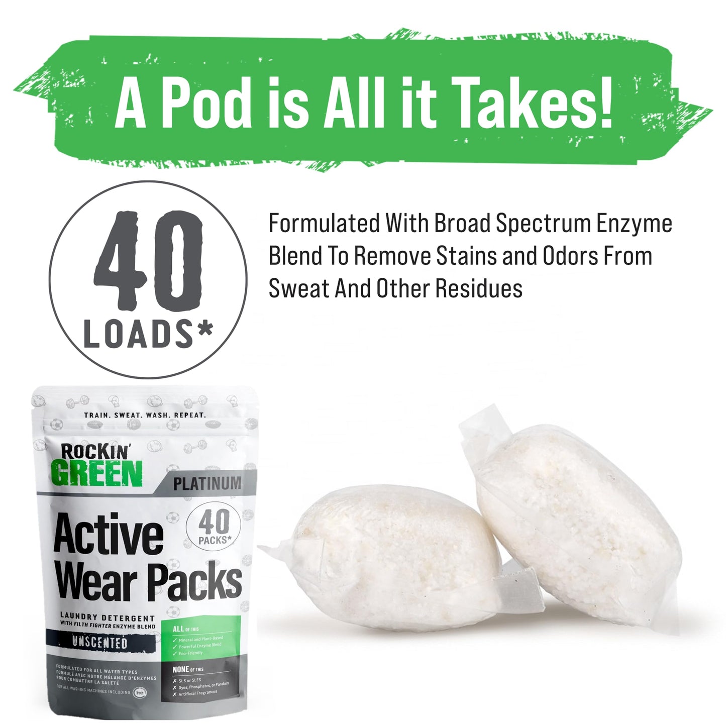 Rockin' Green Laundry Detergent Pods, Plant Based, All Natural Laundry Detergent Pods, Vegan And Biodegradable Odor Fighter, Saf