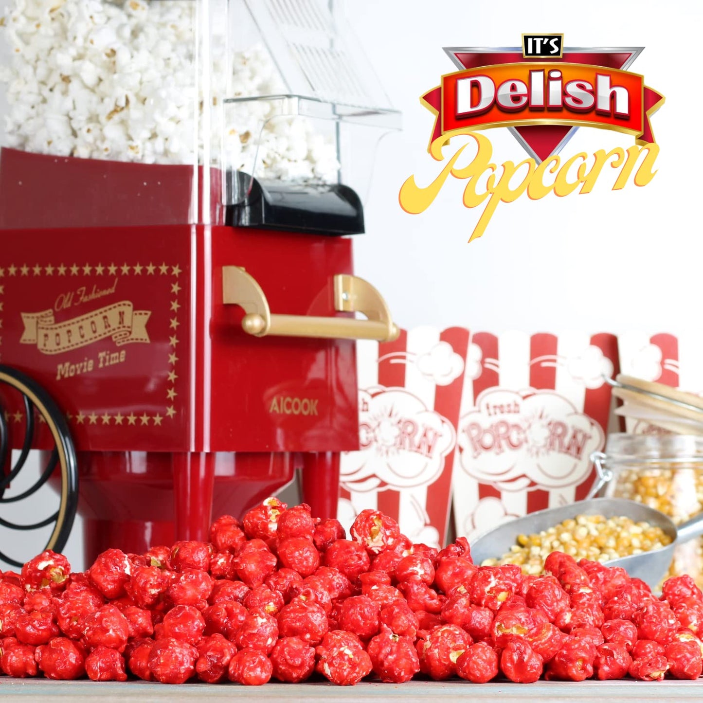 Gourmet Red Cherry Flavored Popcorn by Its Delish, 16 Oz Jumbo Container | Bulk Air Popped Pop Corn Snack - Fruity Red Themed C