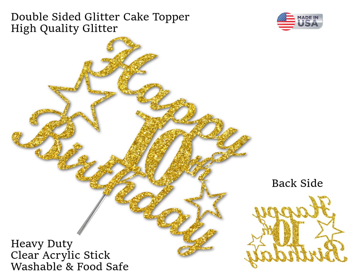 10 Birthday Cake Topper Gold Glitter, Party Decoration Ideas, Premium Quality, Sturdy Doubled Sided Glitter, Acrylic Stick. Made