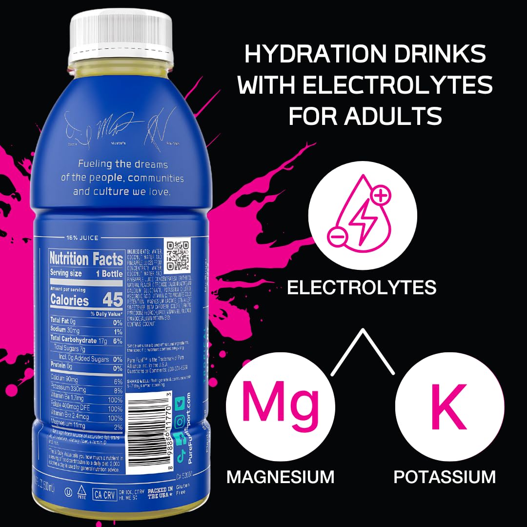 Pure Fuel Hydration Drinks - Tropical Torrent, Plant-Based Electrolytes, No Added Sugar, 12 Pack x 16.9 fl oz Bottles