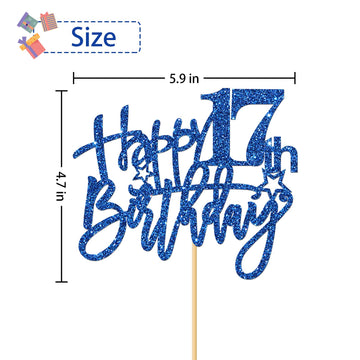 Roadsea Happy 17Th Birthday Cake Topper - Girl Boy 17 Years Old Birthday Cake Supplies - 17Th Birthday Party Decorations - Blue