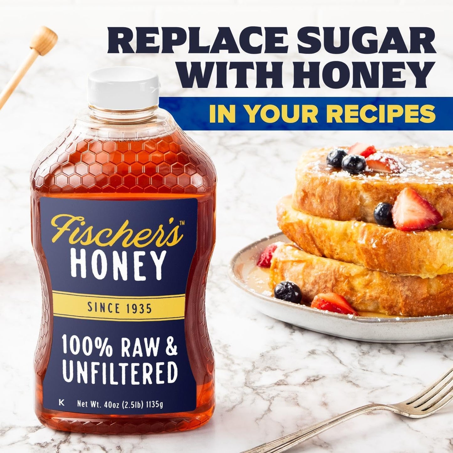 Fischers 100% Pure, Raw & Unfiltered Honey, 40 oz - USA Made Honey - All-Natural Sweetener - Rich Flavor Profile, Packed with Nu