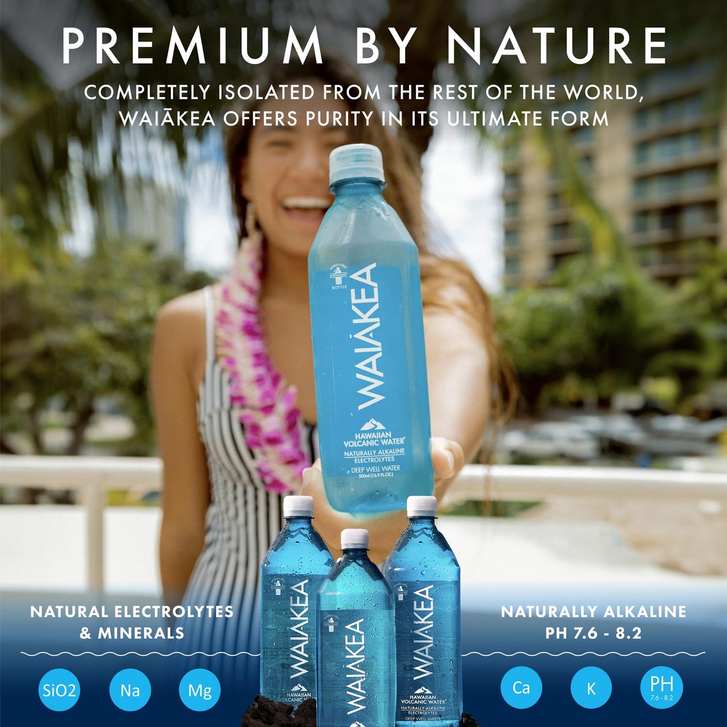 Waiakea Hawaiian Volcanic Water, Naturally Alkaline, 33.8 Fl Oz, 100% Recycled Bottle, Pack of 12, Model 1001